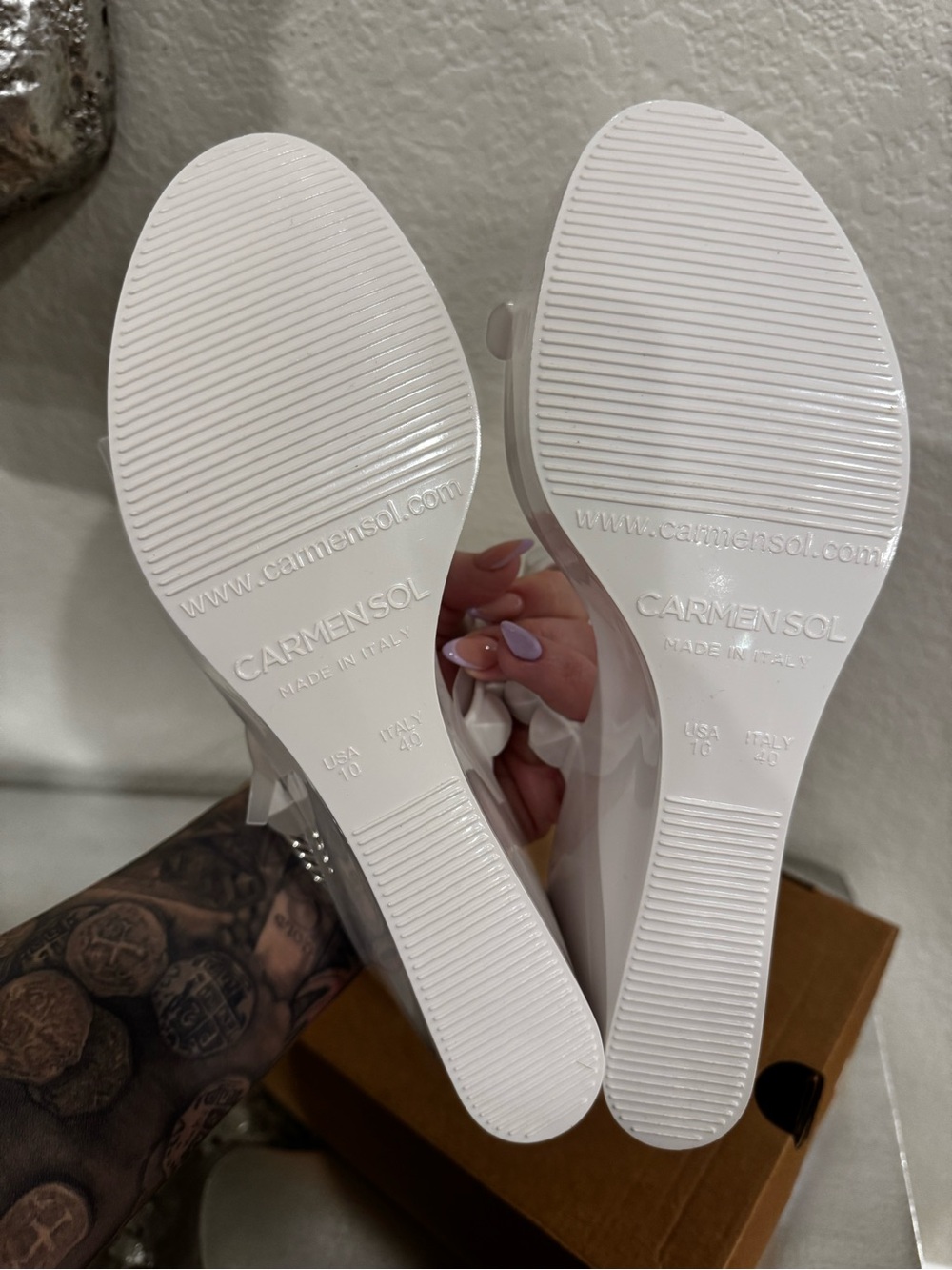 White Studded Patent Wedge Slide Sandals - Women's - Picture 3 of 9